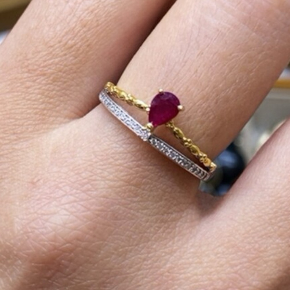 Plated 18k Gold Sterling Silver Band Ring with Pear-Shaped heated ruby